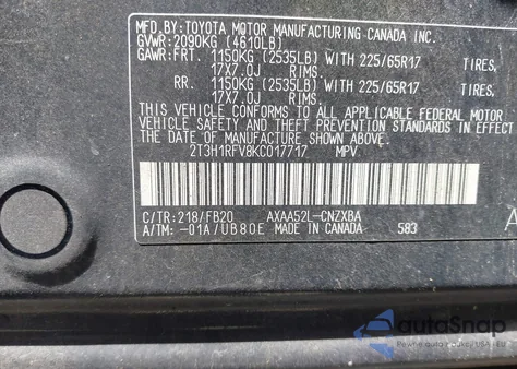 2019 Toyota Rav4 Le из США, поврежденный, VIN 2T3H1RFV8KC017717